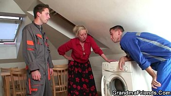 Naughty granny pleases two repairmen